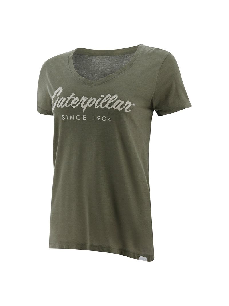 Cat-logo-script-v-neck-tee-marshland-heather-Oliva---L-1